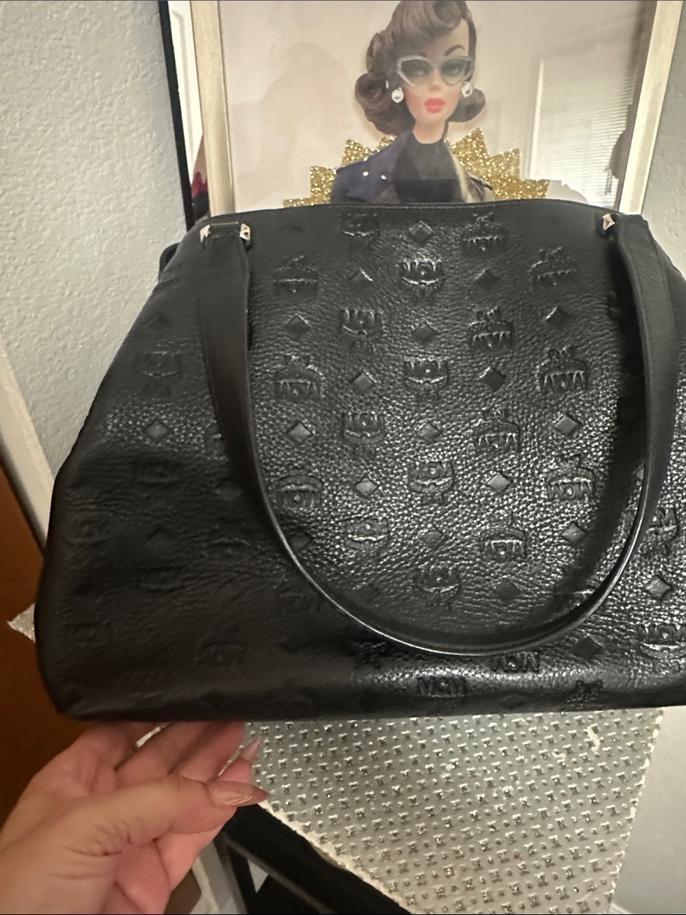 MCM Signature Monogrammed Black Leather Handbag - Picture 6 of 8